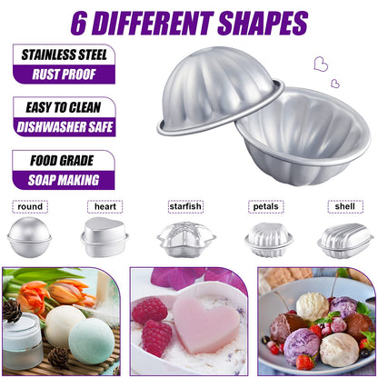 Patelai 12 Pcs Bath Bomb Molds 6 Shapes Metal DIY Bath Bomb Making Crafts Crafting Press Mould for Handmade Soaps Candle Cake Ice Cream Baking Handicrafts Making Supplies