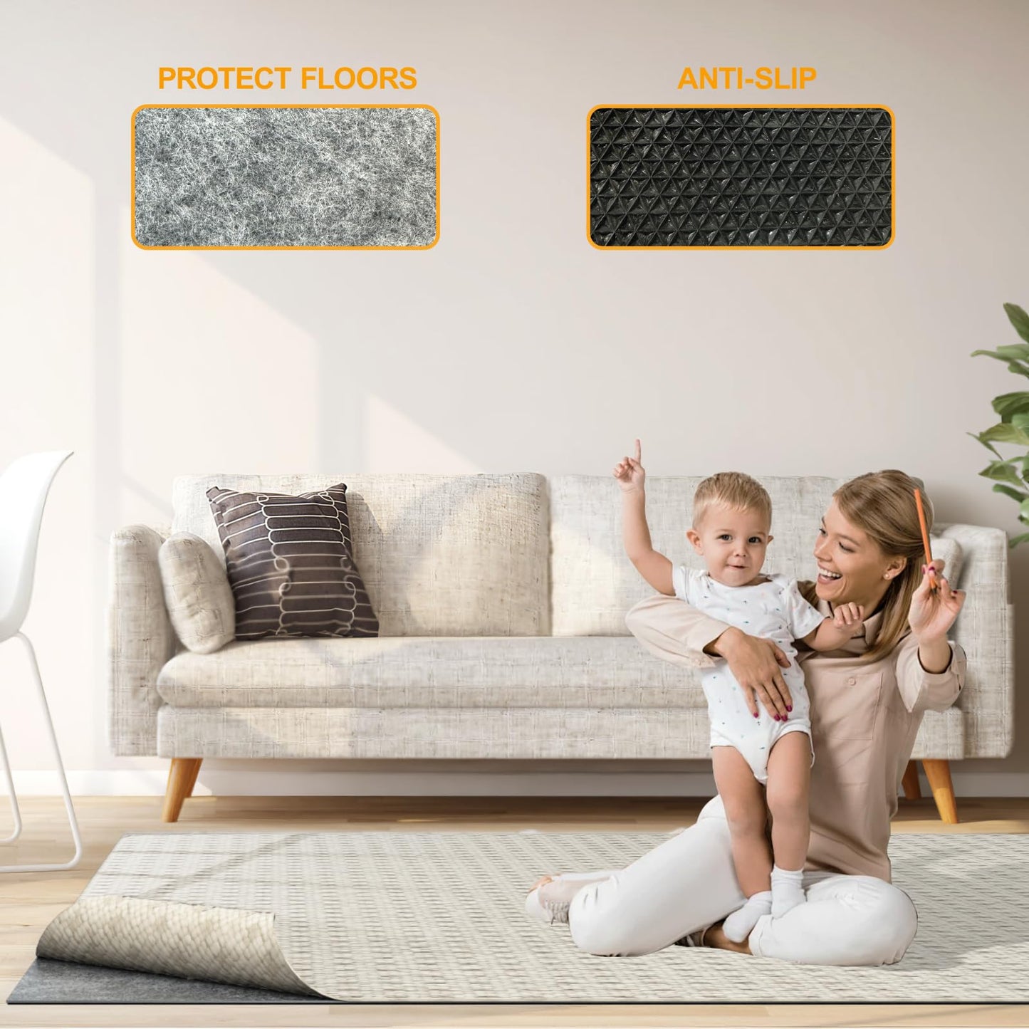 Non Slip Felt Rubber Rug Pad, Thick Felt Rug Pads for Hardwood Floors, Under Area Rugs Protective Cushion Pads for Carpet, Felt and Rubber Underpad for Home Place Surface Safe (Grey, 5' x 7')
