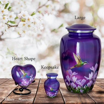 Olivia Memorials Urn for Ashes Women Men Adult | Hummingbird Urns for Female Male | Free Pendant Necklace | Human Funeral Decorative Purple Urna for Mom Dad Pet Dog