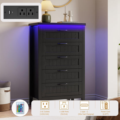 GarveeHome Farmhouse Tall 5 Drawer Dresser with Charging Station & LED Lights, Slim Wooden Bedroom Dresser, Rustic Chest of Drawers Clothes Storage Organizer for Closet Dorm Apartments, Black