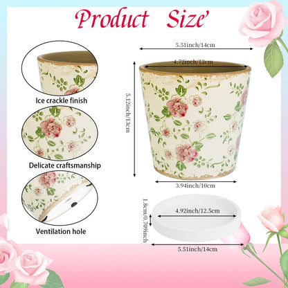 ENIPEDITA 1 Pcs Farmhouse Ceramic Planter with Drainage Hole 5.5 Inch Crack Beige Red Rose Flowers Plant Pots Rustic Antique Decor Gift Large Plants Pot for Kitchen Indoor