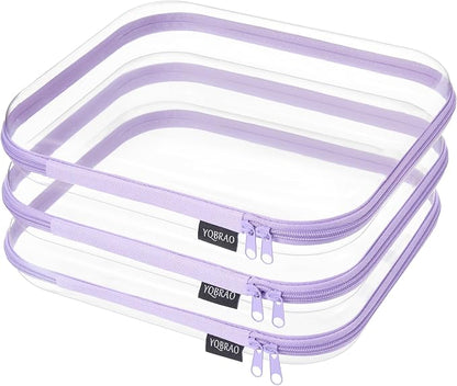 YQBRAO 3-Pack Large Clear Hard Shell Zipper Case, 1.2mm Ultra-Thick Rigid Toy & Closet Organizer, Heavy-Duty Diaper Bag Pouch Set with YKK Zippers, Waterproof Travel Storage (Purple)