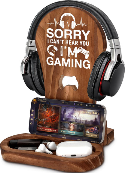 CryCarrot Gamer Gifts for Men Teenage Boys Birthday Fathers Day, Headphone Stand Gaming Birthday Gifts for Him Men Son Boyfriend Brother, Gamer Lovers Room Decor Stuff Wooden Headset Holder