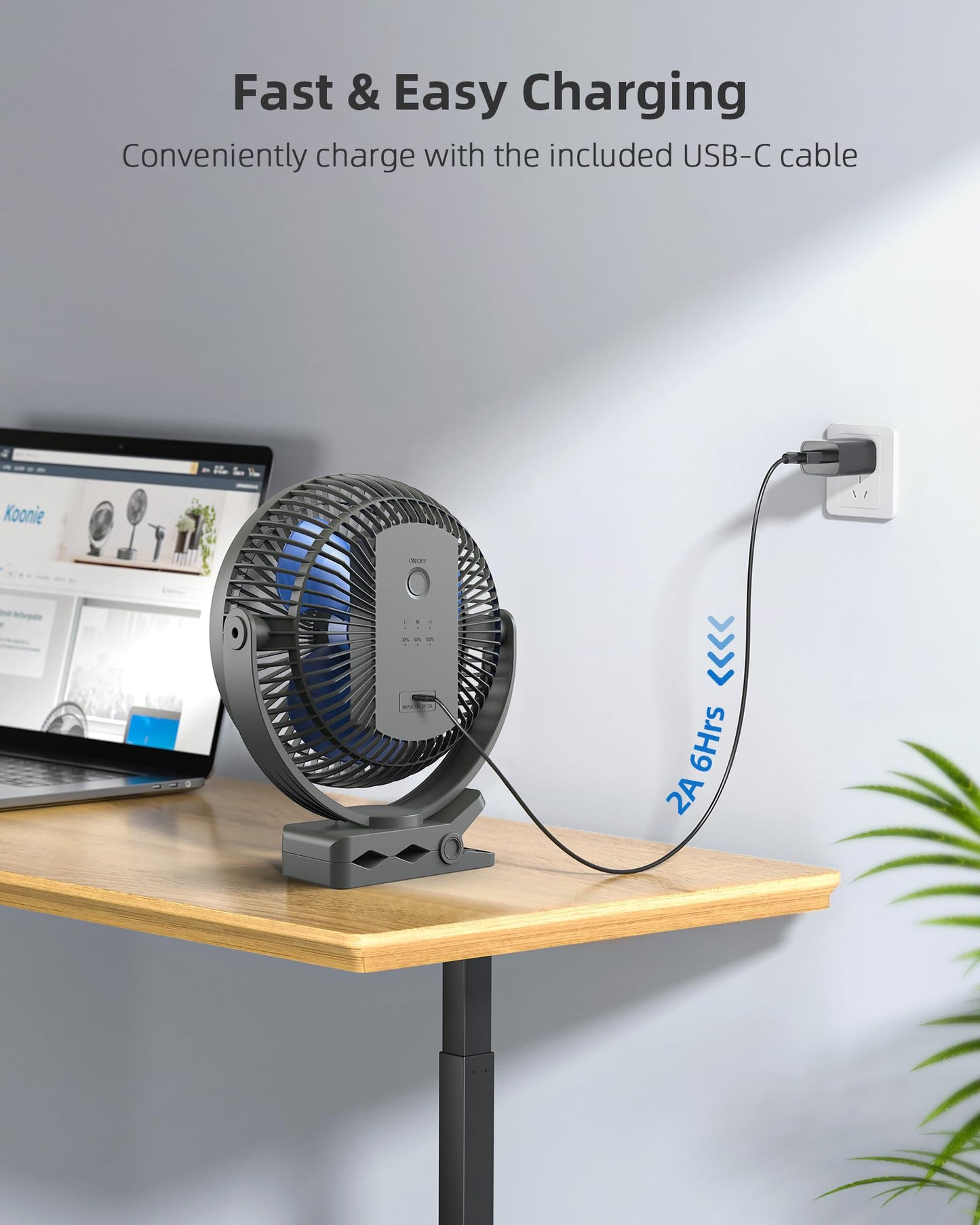 Koonie 10000mAh Rechargeable Portable 8-Inch Clip-on Fan, USB Car Fan 4 Speeds, Sturdy Clamp for Office Desk, Golf Cart, Stroller, Outdoor, Travel, Camping, Tent, Gym, Treadmill