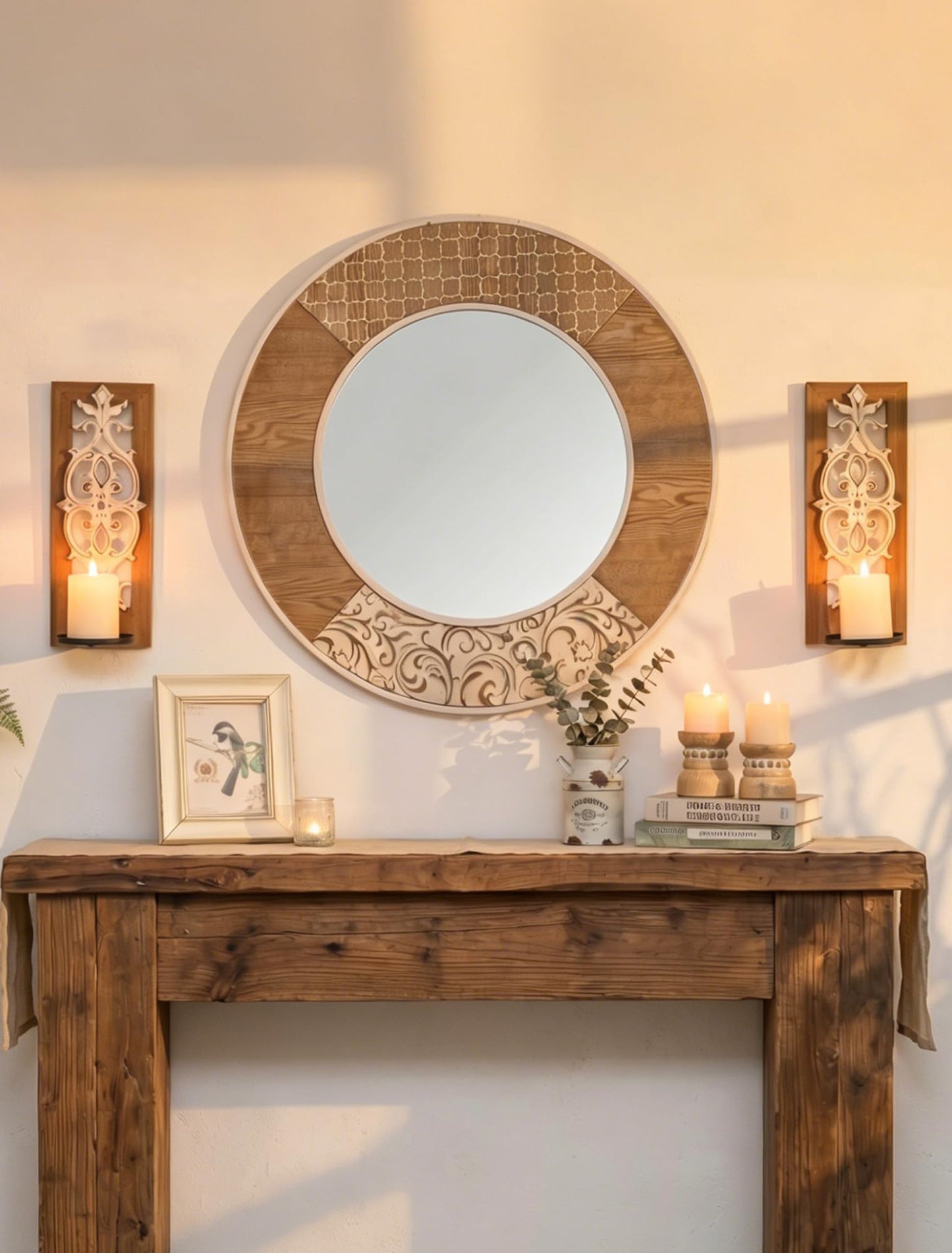 Farmhouse Wood Candle Sconces Wall Decor - Set of 2 Walasis Rustic Wall Candle Holder Decorative Carved Brown Candle Sconce Farmhouse Art Distressed Pillar Candles Holder for Fireplace Decor