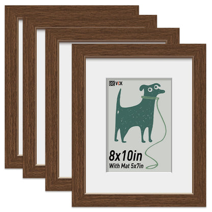 VCK 8x10 Picture Frame with Glass - 4 Pack, Display Pictures 5x7 with Mat or 8 x 10 without Mat - Wall and Tabletop, 8 by 10 Photo Brown Wooden Frames