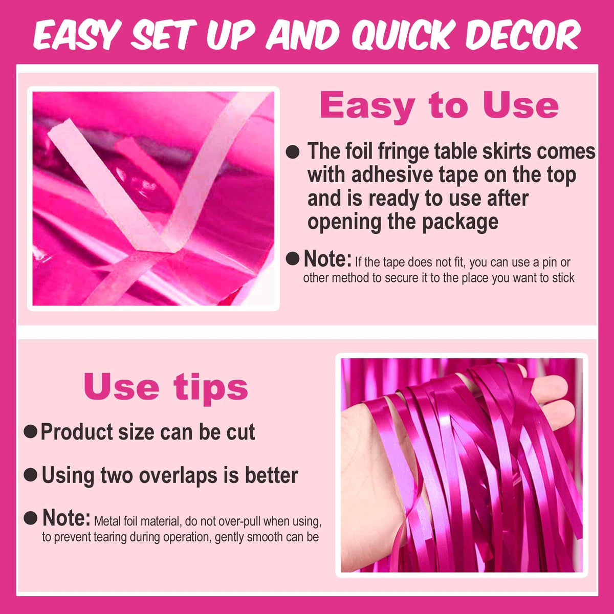3 Pack Fuchsia Foil Fringe Table Skirts Metallic Tinsel Streamers Garland Banner Backdrop for Table Decor, Parade Float, Birthday, Wedding, Halloween, Christmas Party Decorations(29x108 In)