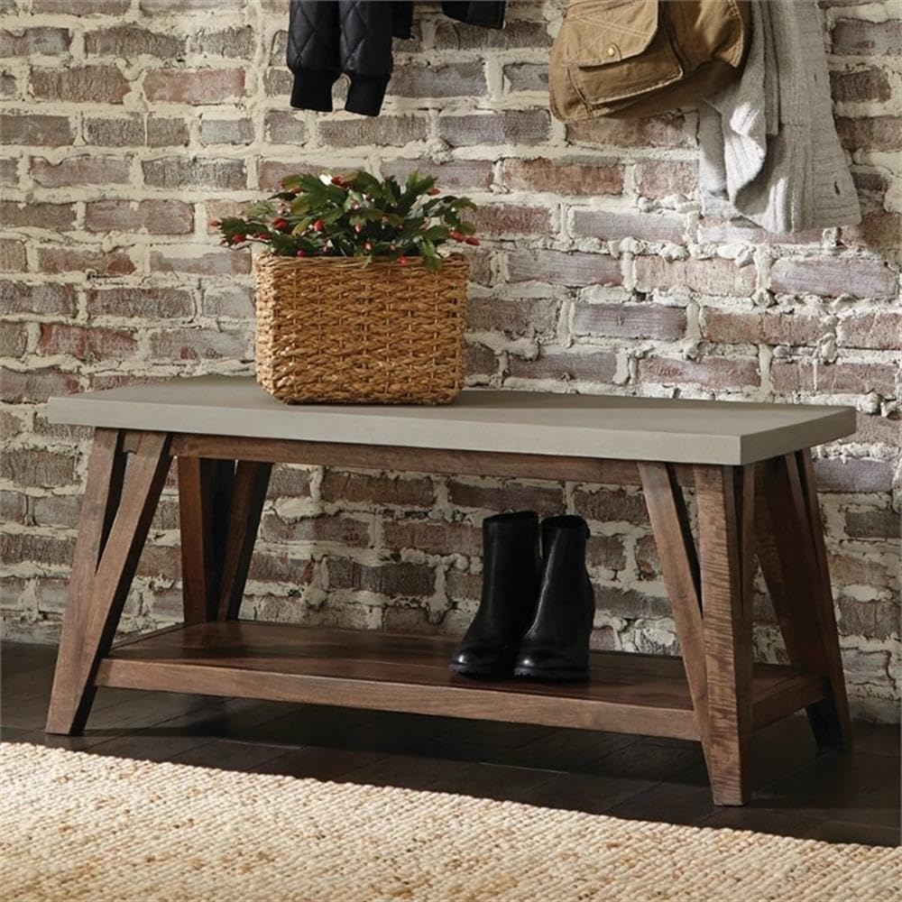 Brookside 40 in. Wide Entryway Bench - Industrial Farmhouse Style with Concrete-Coated Top and Solid Wood Base, Versatile Use for Storage, Seating in Entryway, Outdoor, or Dining Room
