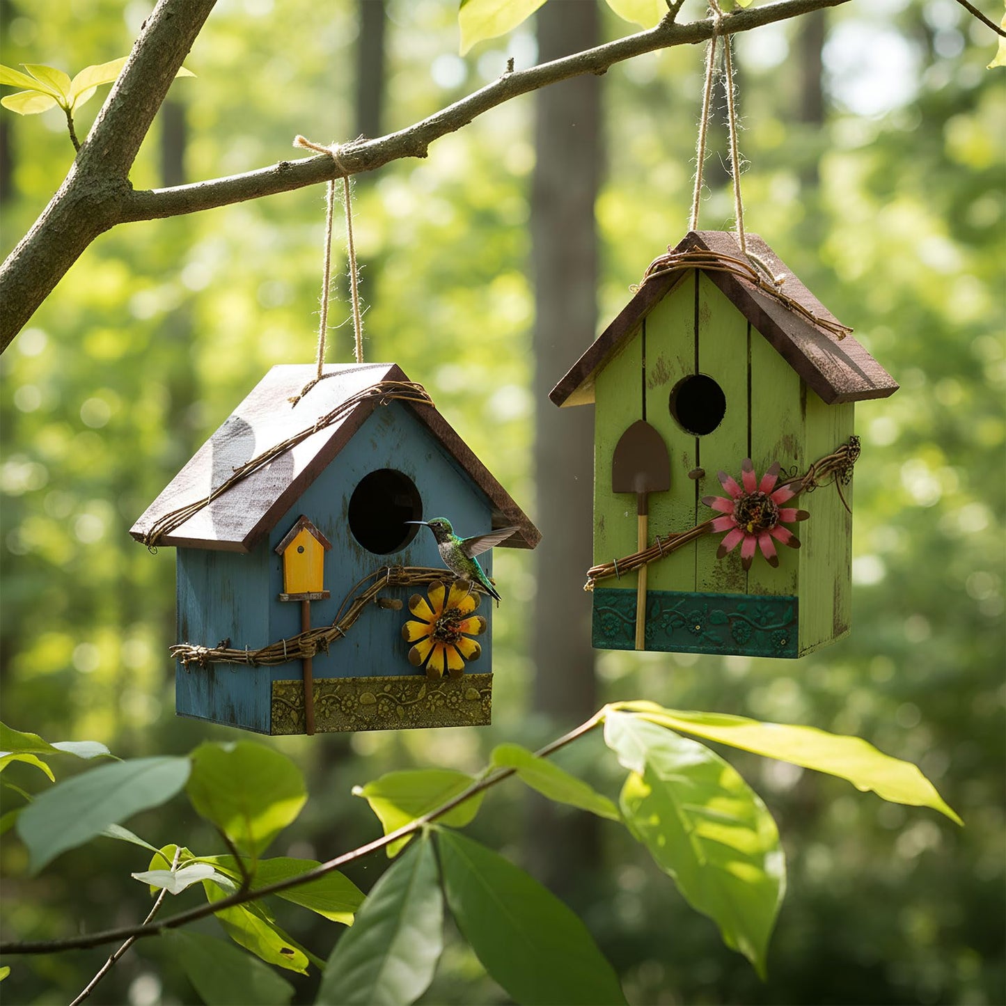 DoubleFill 2 Pcs Birdhouses for Outdoor Hanging Yard Outside Wooden Birdhouse Hand Painted Bird Box for Bird Lovers Bluebird Tree Garden Decor Decorative Birdhouse(Red,Blue,Wooden Roof)