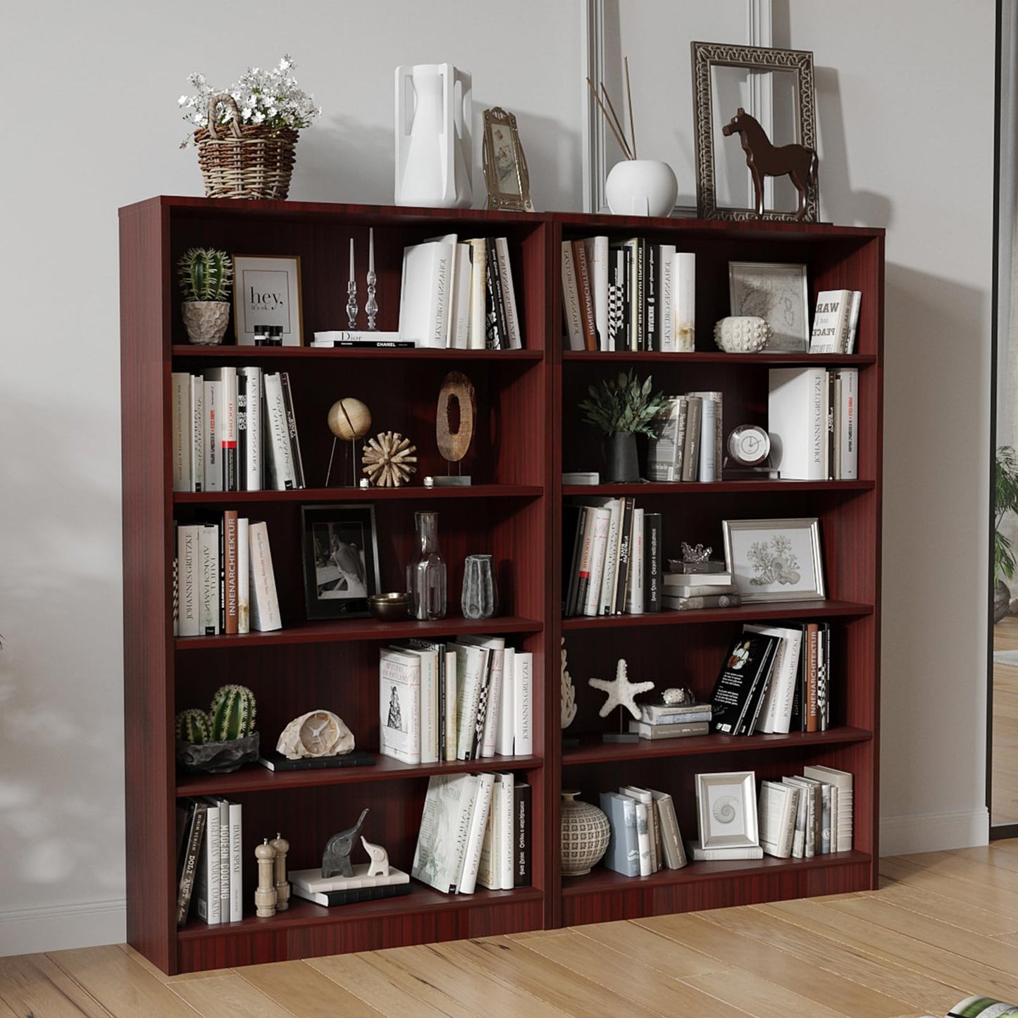 i-VTIES Bookcase Adjustable Storage Shelves,5-Tier Modern Wood Bookcase for Bedroom,60-Inch Bookshelf, Office, Living Room & Library(Mahogany)