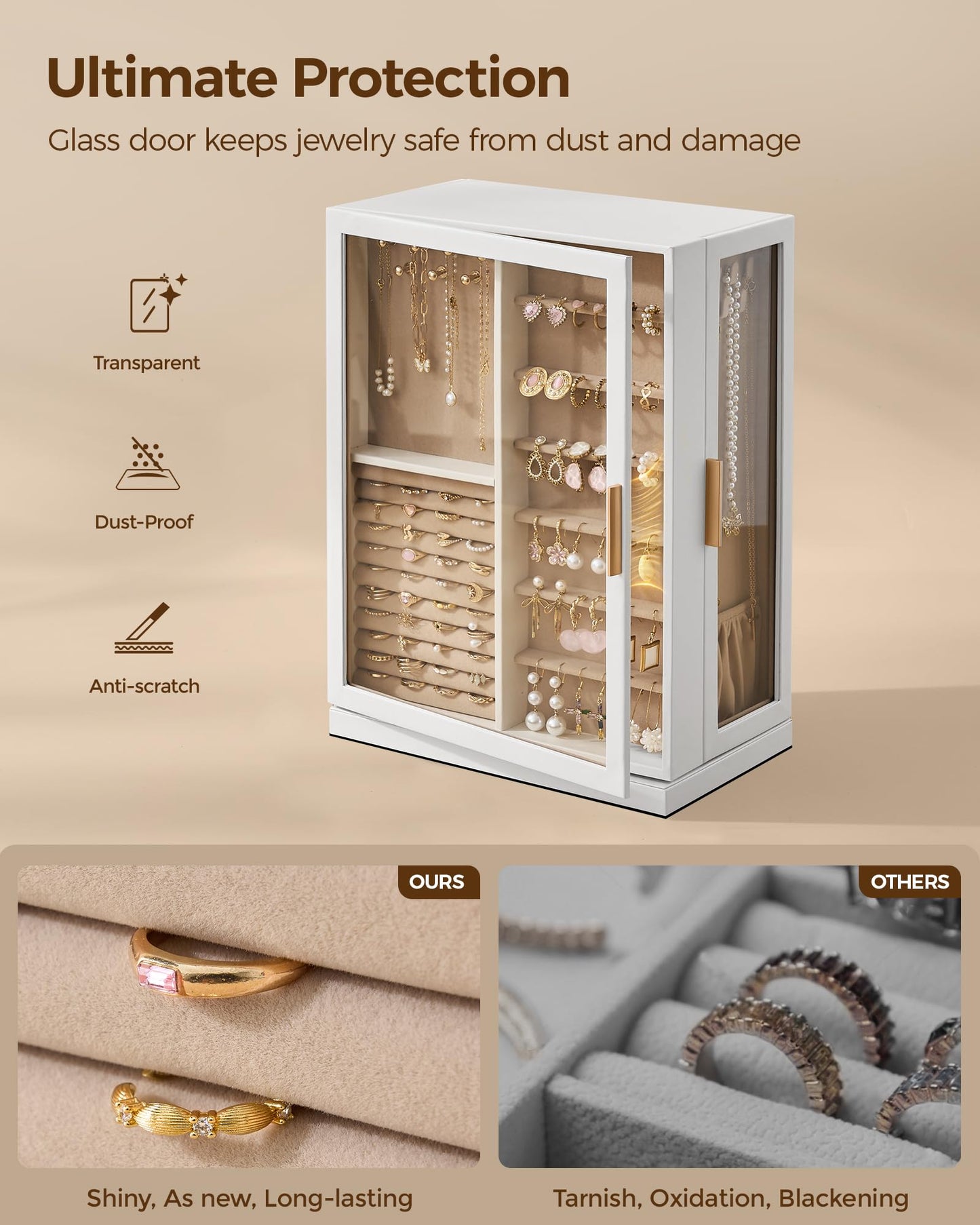 Glimmloop 360° Rotating Jewelry Box with 9 Drawers, Spacious Vertical Jewelry Organizer with Glass Window, Jewelry Storage Case, Dustproof & Moisture-resistant Design, White
