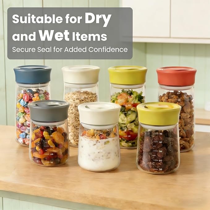LAKUMIQI Overnight Oats Containers with Lids, 27oz Glass Jars with Airtight Lids, One-Hand 90° Twist-Off Wide Mouth Food Storage for Coffee Bean, Chia Pudding, Meal Prep, Pantry, Blue
