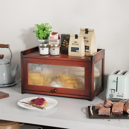 BAMBANG Bamboo Bread Box for Kitchen Countertop, Extra Large Farmhouse Bread Box with 4-Side Clear Panels, Wooden Bread Storage Container for Homemade Bread, Brown