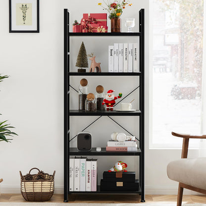 Sweetcrispy Book Shelf, 5 Tier Bookcase, Modern Tall Bookshelf for Garage Kit, CDs, Movies, Industrial Corner Storage Organizer for Bedroom Home Office Kitchen Living Room, Black