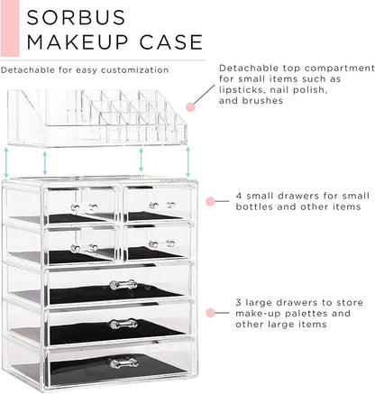 Sorbus Acrylic Makeup Organizer Set, 7-Drawer Vanity & Countertop Cosmetic Storage with Small & Wide Compartments, CLear Makeup Storage for Brushes, Jewelry – Holiday Gift for Women & Teens