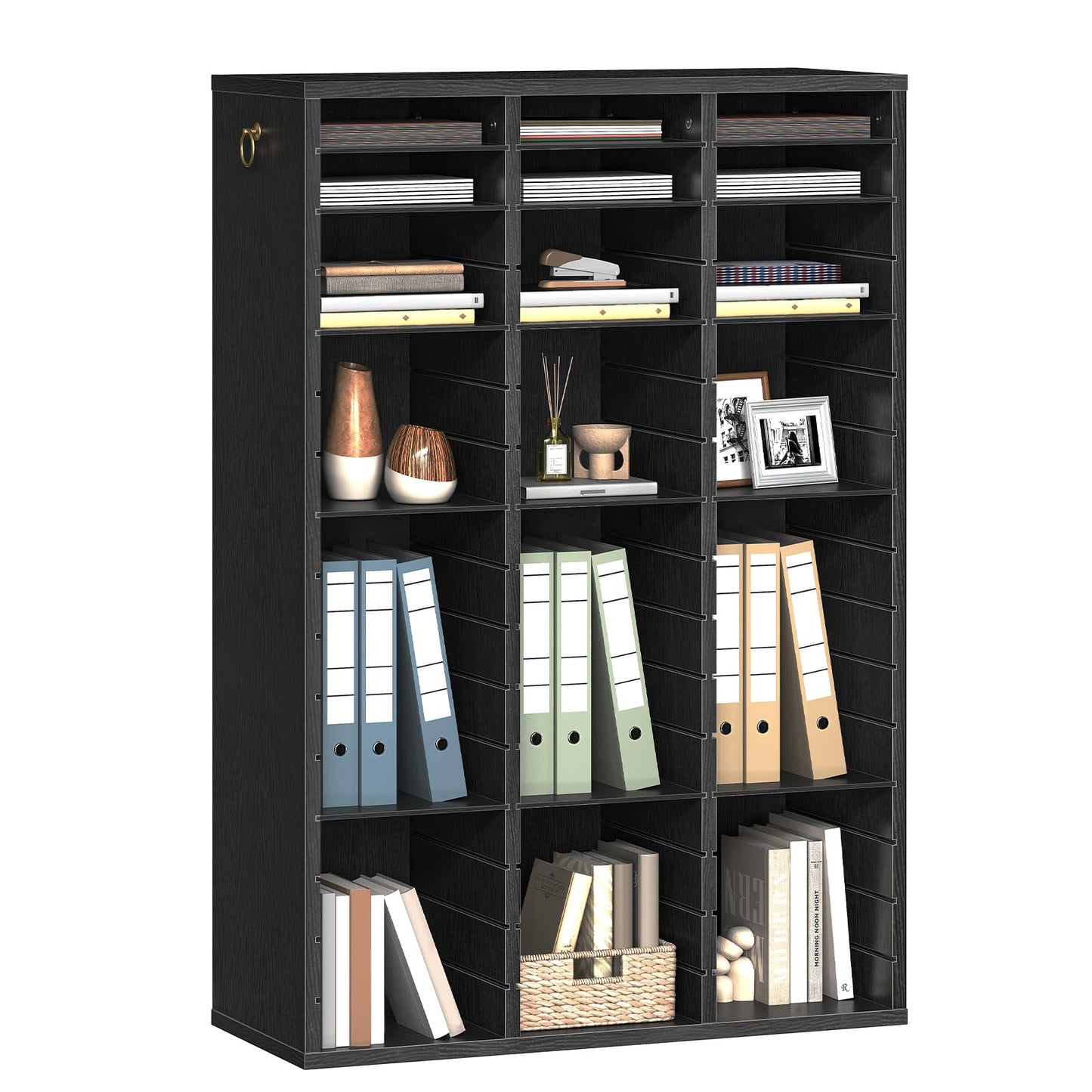 HOOBRO Literature Organizer, 48 Compartments Wooden Mail Organizer, Countertop Literature Sorter with Adjustable Shelves for Home, Office, School, Student Mailbox for Classroom, Black BK163WF01
