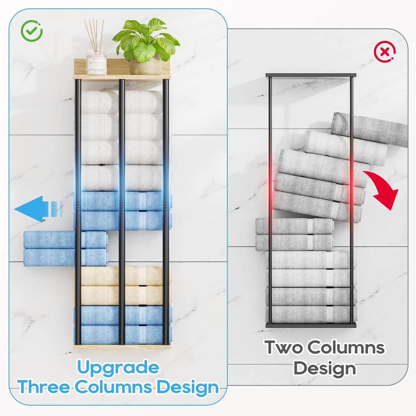 WeGXY Towel Racks for Bathroom Wall Mounted, 3 Bar Wall Towel Rack for Rolled Towels, Metal Towel Holder with Wooden Shelf, Sturdy and Large Capacity, Towel Storage Organizer