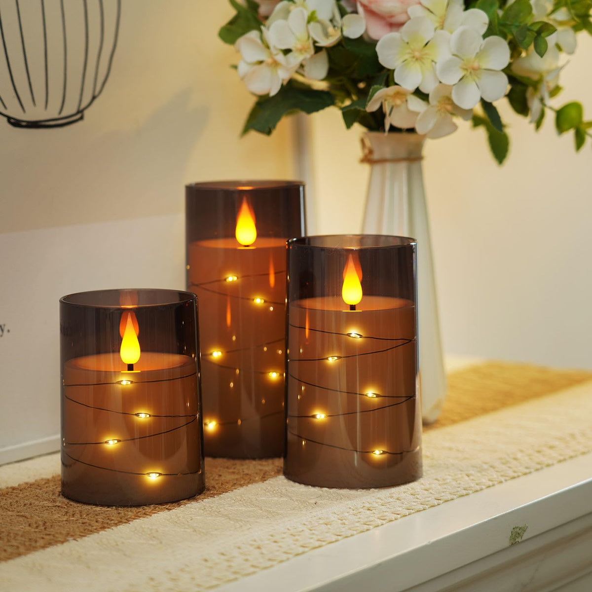Amagic Grey Flameless Candles with Remote, Flickering Battery Operated Candles with Embedded Fairy Lights, Acrylic LED Candles with Timer for Halloween Home Bohemian Decor, 3D Wick, D3 x H4 5" 6"
