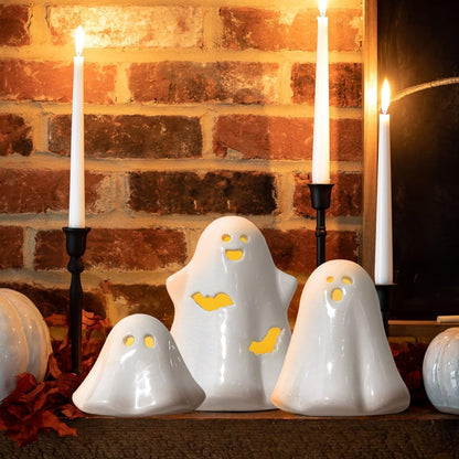Halloween Decorations Big Ceramic Ghost Figurines: 3ct Spooky Light Up Ghost Decor with LED Lights, Cute Pastel Farmhouse Table Tiered Tray Fireplace Halloween Decor for Kids Home Office Party