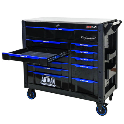 KEIKI 12 Drawer Rolling Tool Cart with Wooden Top, Metal Tool Cabinet with Wheels and Handle, Heavy Duty Storage Organizer for Garage Workshop (Black&Blue)