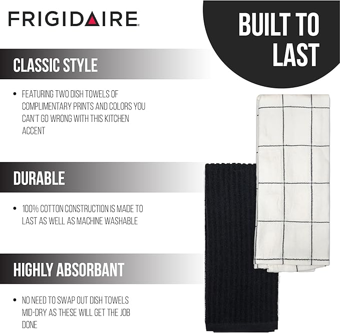 Frigidaire Carmen 2-Piece Cotton Kitchen Towel Set-Black and Square Print