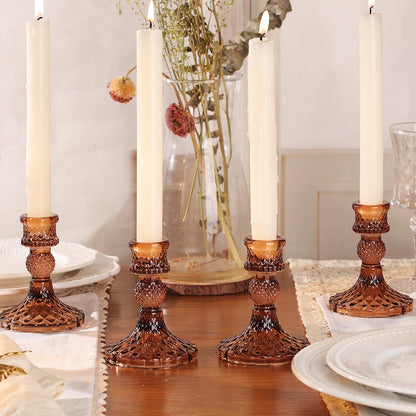 12Pcs Amber Candlestick Holders Set- 4" H Taper Candle Holders Bulk, Glass Candle Holders for Wedding, Party, Fall Dinner Table Centerpieces, Festival Gifts & Windowsill Decor