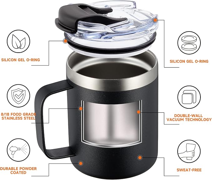 12oz Insulated Coffee Mug Cup with Handle, Stainless Steel Travel Coffee Mug with Flip Lid, Double Wall Vacuum Coffee Tumbler, Black