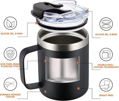 12oz Insulated Coffee Mug Cup with Handle, Stainless Steel Travel Coffee Mug with Flip Lid, Double Wall Vacuum Coffee Tumbler, Black