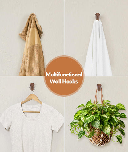 Optish Wood Wall Hooks for Hanging, 6 Pack Hat Hook for Walls, Coat Hook Wall Mount, Backpack Hooks for Walls, Bathroom Towel Hanger (Walnut)