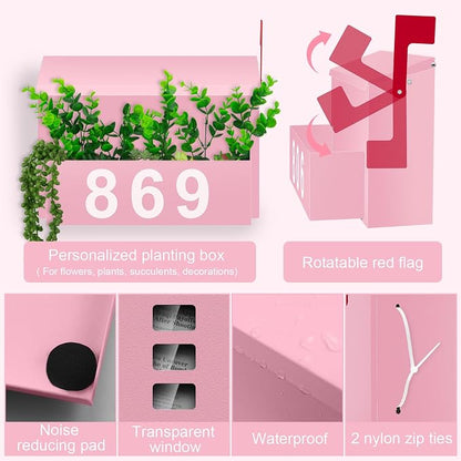 Wall-Mount Mailbox with Flag, Large Capacity Mailboxes for Outside House with Planter & 3 Sets of 0-9 Mailbox Number Stickers, Galvanized Steel Rust-Proof Post Box Metal Mail Box (Pink)