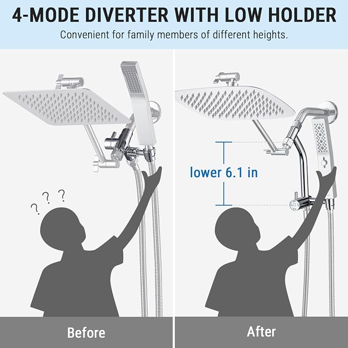 G-Promise All Metal 10 Inch Rain Shower Head with Massage Mode Handheld Spray Combo, 3-Way Diverter with Pause Setting, Full Body Coverage, Modern Bathroom Upgrade (Chrome)