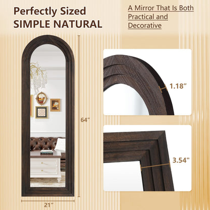 Rustic Wood Floor Full Length Mirror with Stand, 64"X21" Farmhouse Arched Free Standing Mirror for Bedroom Living Room Store, Leaning or Wall Mounted, Tempered Glass, Brown