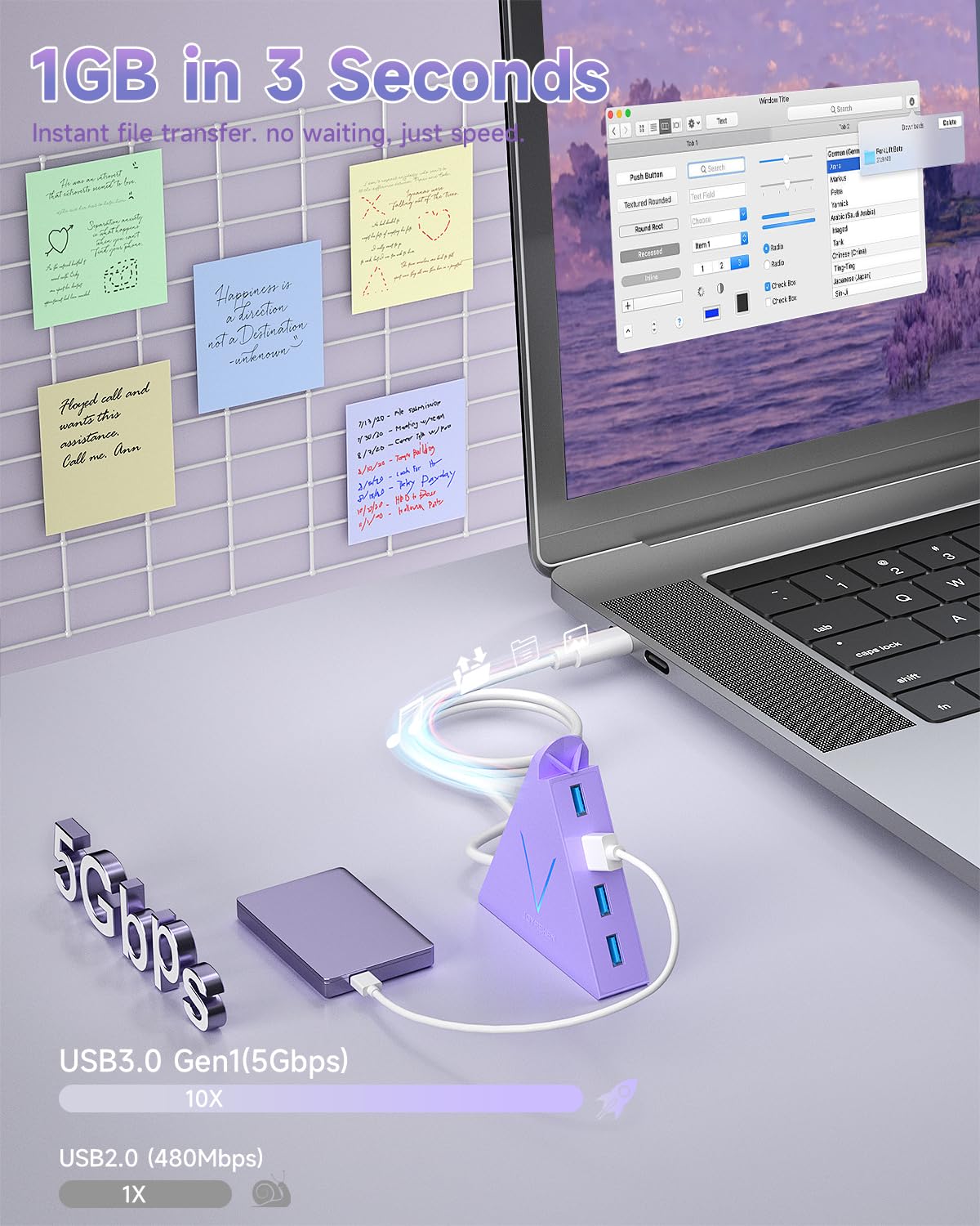 4-Port USB 3.0 Hub, FlyingVHUB Vertical Data USB Hub with 2 ft Extended Cable, for Mac, PC, Xbox One, PS4, PS5, iMac, Surface Pro, XPS, Laptop, Desktop, Flash Drive, Mobile HDD(Pink)
