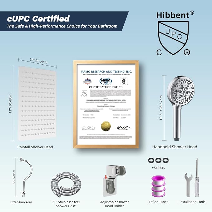 Hibbent 12'' All Metal CUPC Certified Shower Head, High Pressure Rainfall Shower Head, Handheld Showerhead Combo, 12'' Adjustable Shower Extension Arm, 10-Spray, 71'' Hose, Showerhead Holder, Chrome