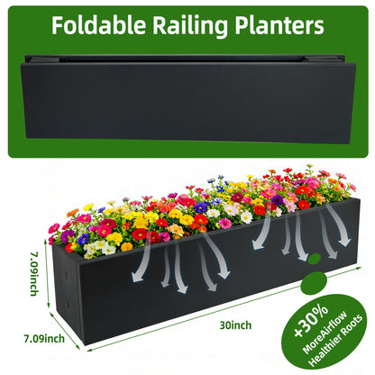 TISUWING 2 Pack Metal Railing Planter Box, 30 Inch Balcony Planters with Adjustable Brackets, Large Hanging Planters for Outdoor Fence Deck