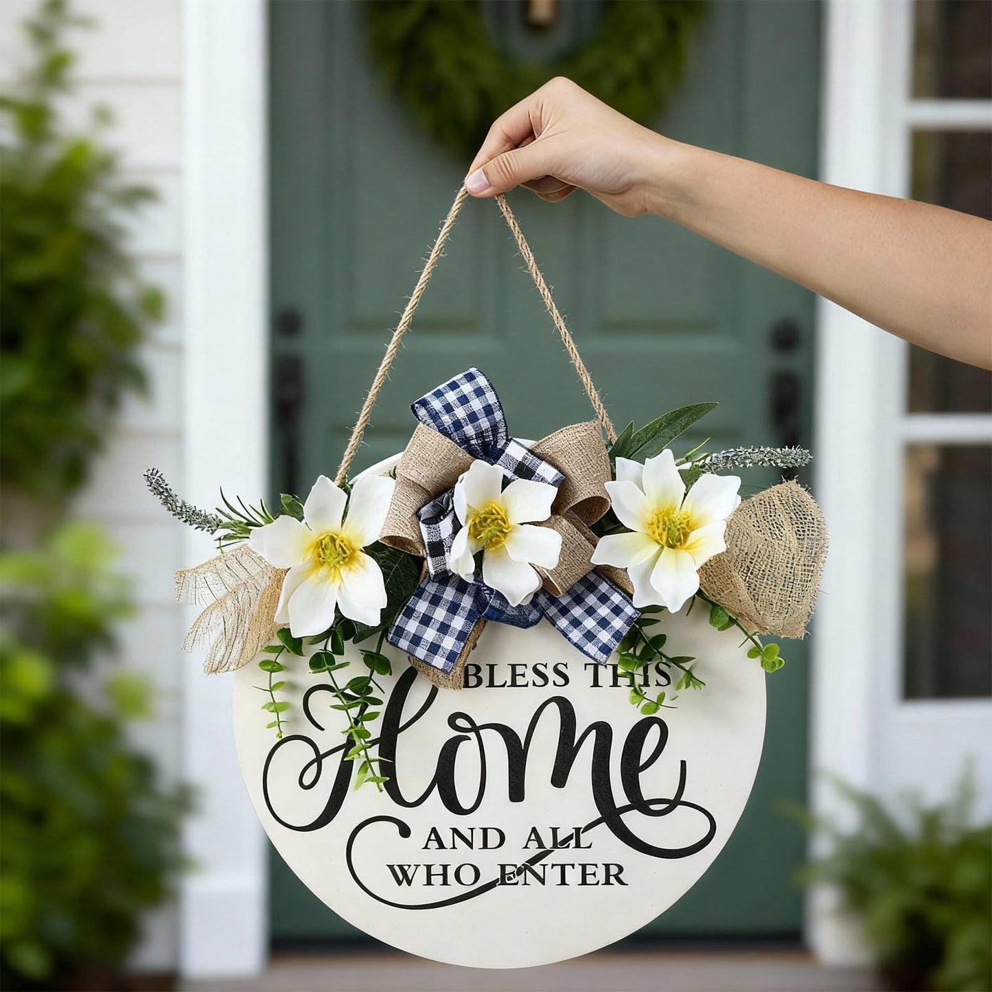 Kathfly Bless This Home and All Who Enter Wooden Front Door Sign Welcome Sign for Front Door Magnolia Summer Wreath 12 Inch Christian Home Decor Jesus Round Rustic Wall Hanging Decor for All Season
