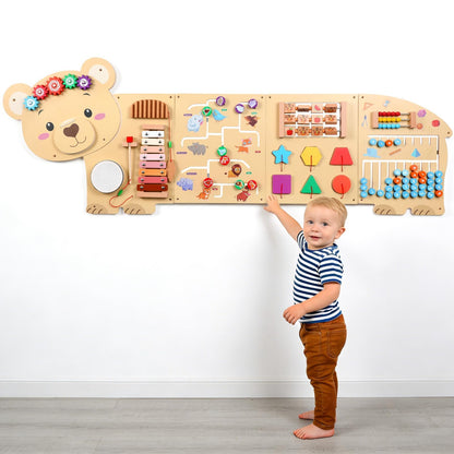 5FT Large Bear Activity Wall Busy Board Wooden Sensory Wall Panel Educational Montessori Toys for Toddler Kids Interactive Sensory Activity Board Learning Center Playroom Daycare Nursery Decor