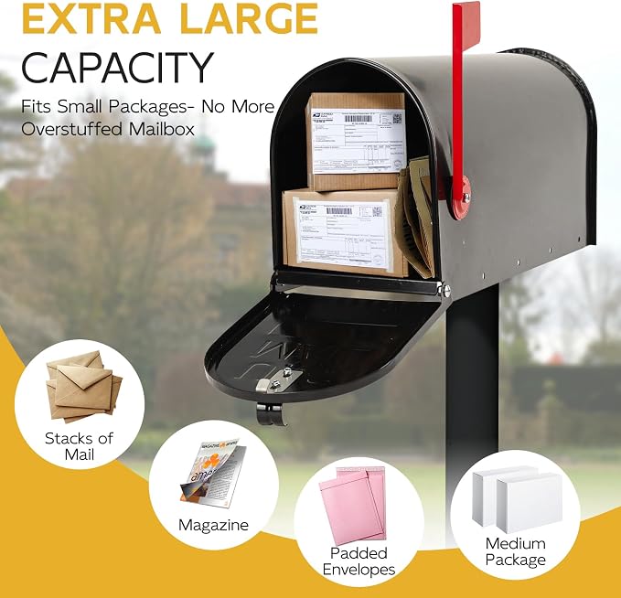 BlissBoard Large Mailboxes for Outside, Black Galvanized Steel Post Mount Mailboxes, Rust-Resistant Large Capacity Metal Mail Boxes for House Outside, 22 x 10.7 x 8.9 inches