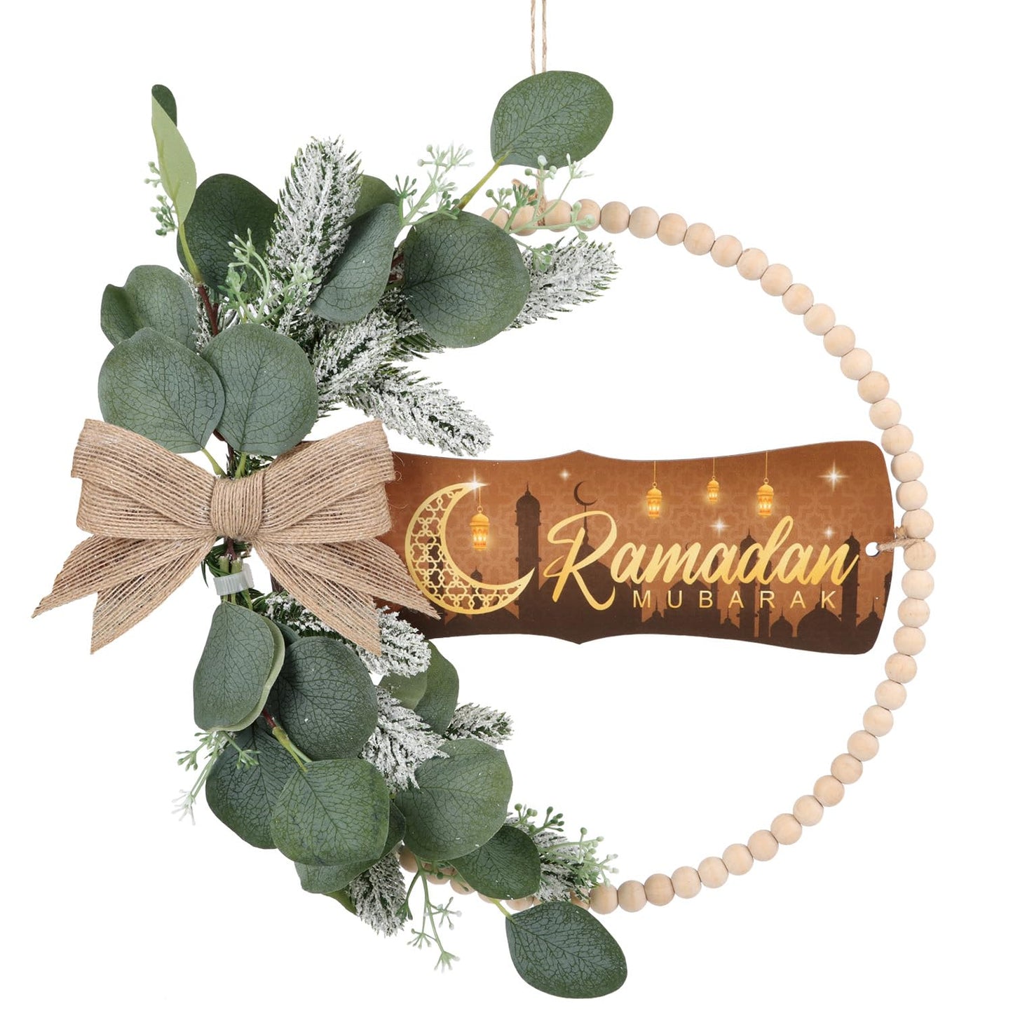 HPNIUB Ramadan Door Sign, Eid Mubarak Decoration for Muslim Home Room, Islam Mubarak Wooden Hanging Sign Wreath, Ramadan Hollow Wall Art for Ramadan Mubarak Party Supplies