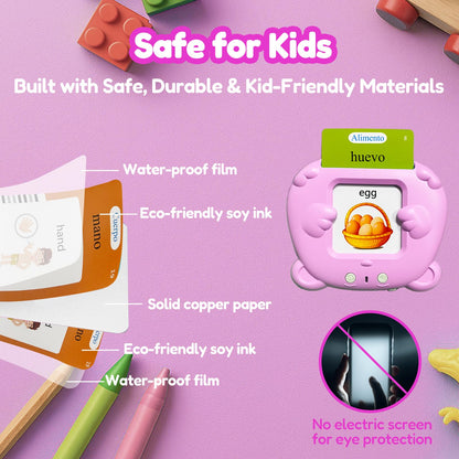 MoLingvora Bilingual Talking Flash Cards for Kids - Español Spanish English Flashcards Children Adults, 510 Sight Words, ABC Alphabet, Pocket Speech for Toddlers, Audible Sensory Toys (Spanish, Pink)