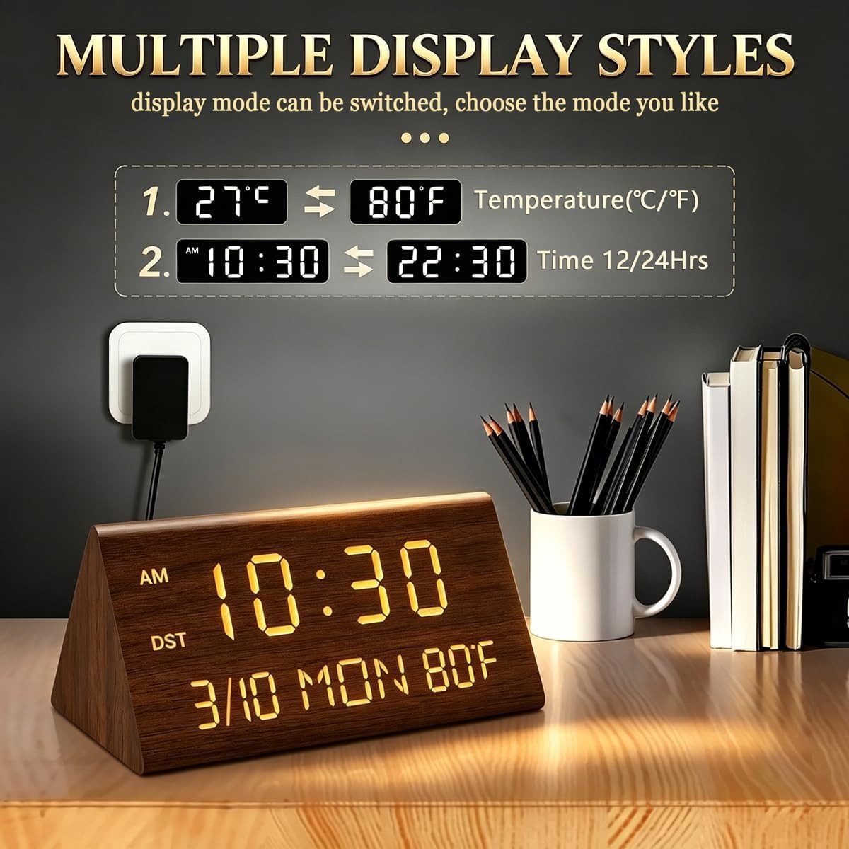 Kogonee Wooden Digital Alarm Clock, 0-100% Dimmer, 2 Alarm Settings, Weekday/Everyday Mode, 9 Mins Snooze, 12/24H, Temperature and Date Display for Office, Travel, Bedroom Alarm Clock (Brown)
