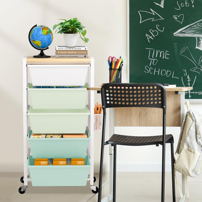 Rolling Cart with Drawers, Rolling Storage Cart with Large Plastic Drawers & Wooden Tabletop, Utility Cart with Pegboards & Basket, Storage Drawers Cart for Living Room, Classroom, Bedroom, Office