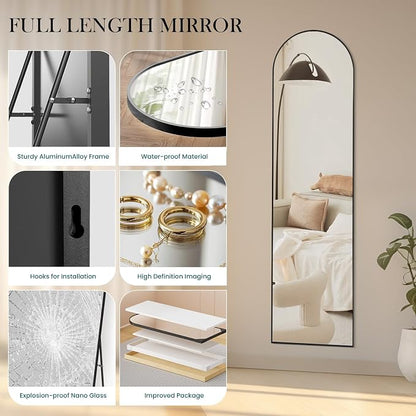NEWBULIG Arched Mirror Full Length, 16"x59" Body Wall Mirrors with Shatter-Proof Glass, Upgraded Floor Standing Mirror, Hanging or Leaning, with Stand Aluminum Alloy Frame for Home Decor, Black