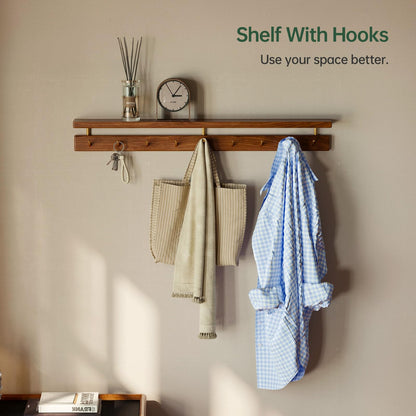 Wayshome Walnut Wall Hooks with Shelf, Coat Rack Wall Mount, Entryway Hanging Shelf with 9 Brass Hooks for Hats, Clothes, Towels, Bags, Black Walnut Wood, Natural