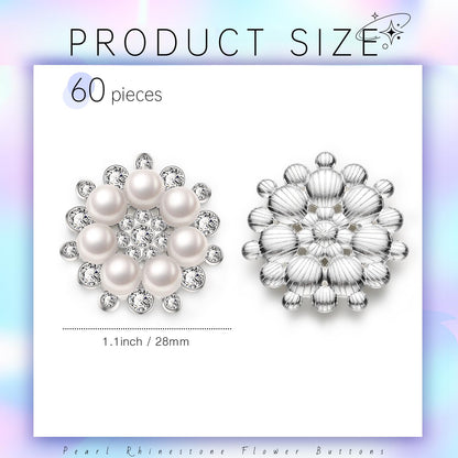 Hicarer 60 Pcs Pearl Rhinestone Flower Buttons Craft Rhinestone Embellishments Flatback Button Round Crystal for Jewelry Making Wedding Party Home Decoration and DIY