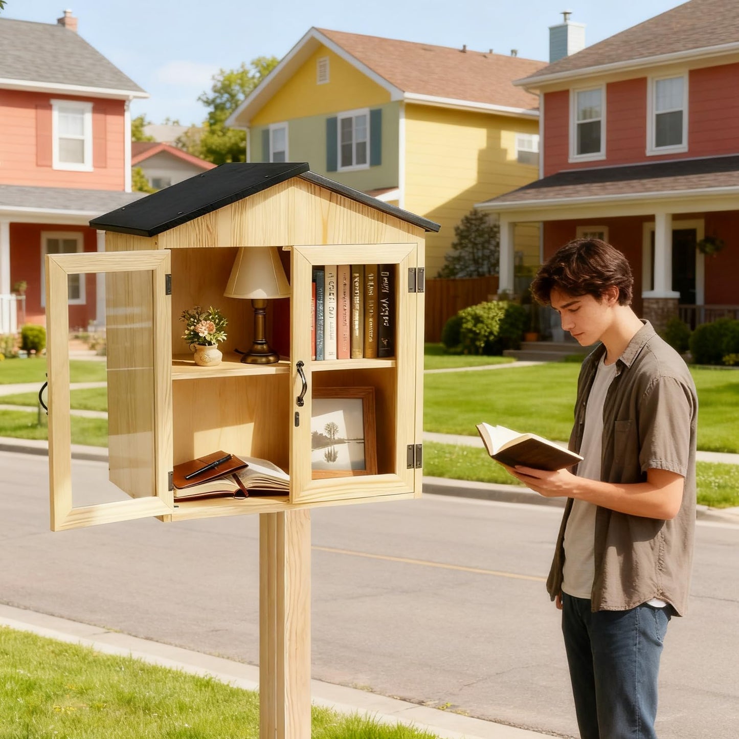Little Library Box Outdoor Wooden Outside Library Book Box Literature Exchange Boxes Book Storage for Diy, Neighborhoods Community and Schools Sharing Literature and Newspapers (Wood Double doors)