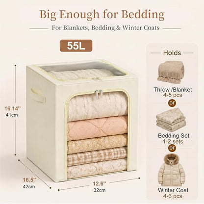 GoMaihe Clothes Storage Bins with Metal Frame, 55L Blanket Storage Boxes for Above Shelf Closet, 4 Pack Stackable Clothing Storage Organizer with Clear Window for Bedding Sweaters Comforters – Beige