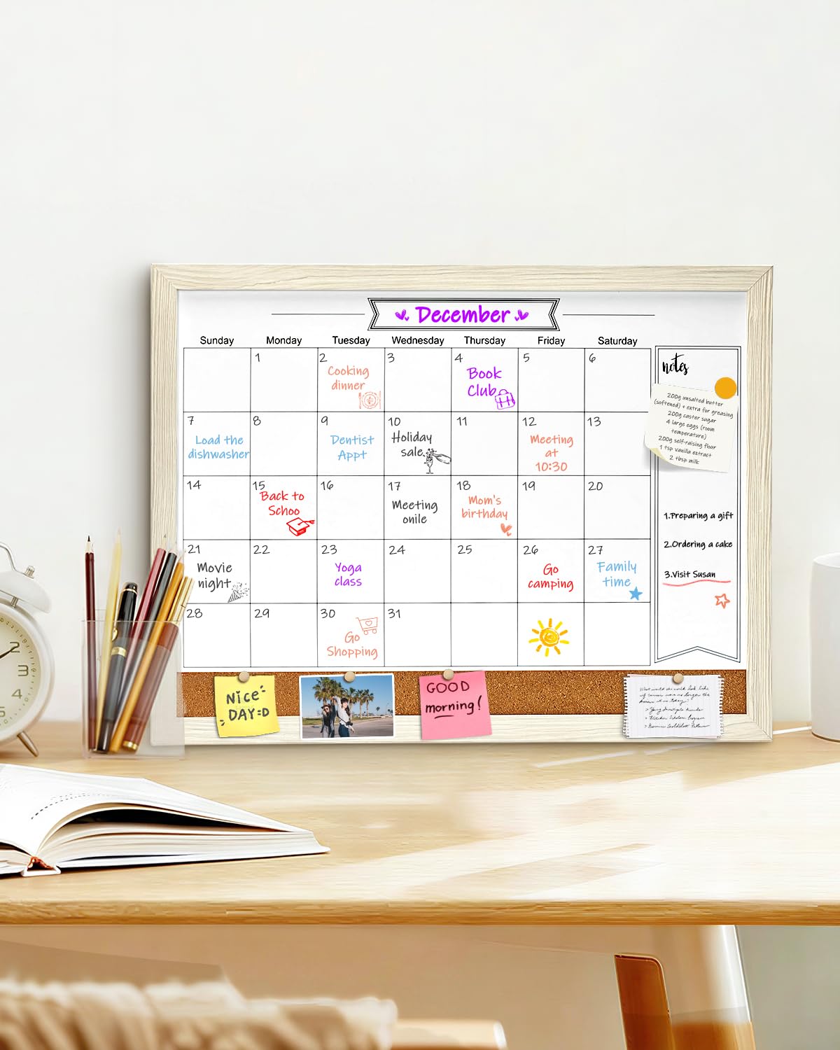 Dry Erase Calendar Whiteboard for Wall, Small Combination Magnetic Dry Erase White Board & Bulletin Board, 13" x 17"，White Frame Calendar/Cork Combo Board(WH-3343)