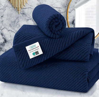 Blue Towels Set for Bathroom, Luxury 3 Piece Gift set, 100% Cotton | Quick Dry