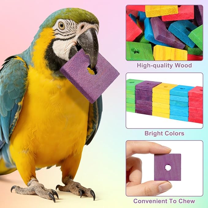 DECHOUS 100Pcs Bird Toys Wooden Blocks Parrot Toys Multicolored Natural Bird Wood Chewing Chips for Conures Parakeets Cockatiels Lovebirds African Grey Macaws Cage Fun